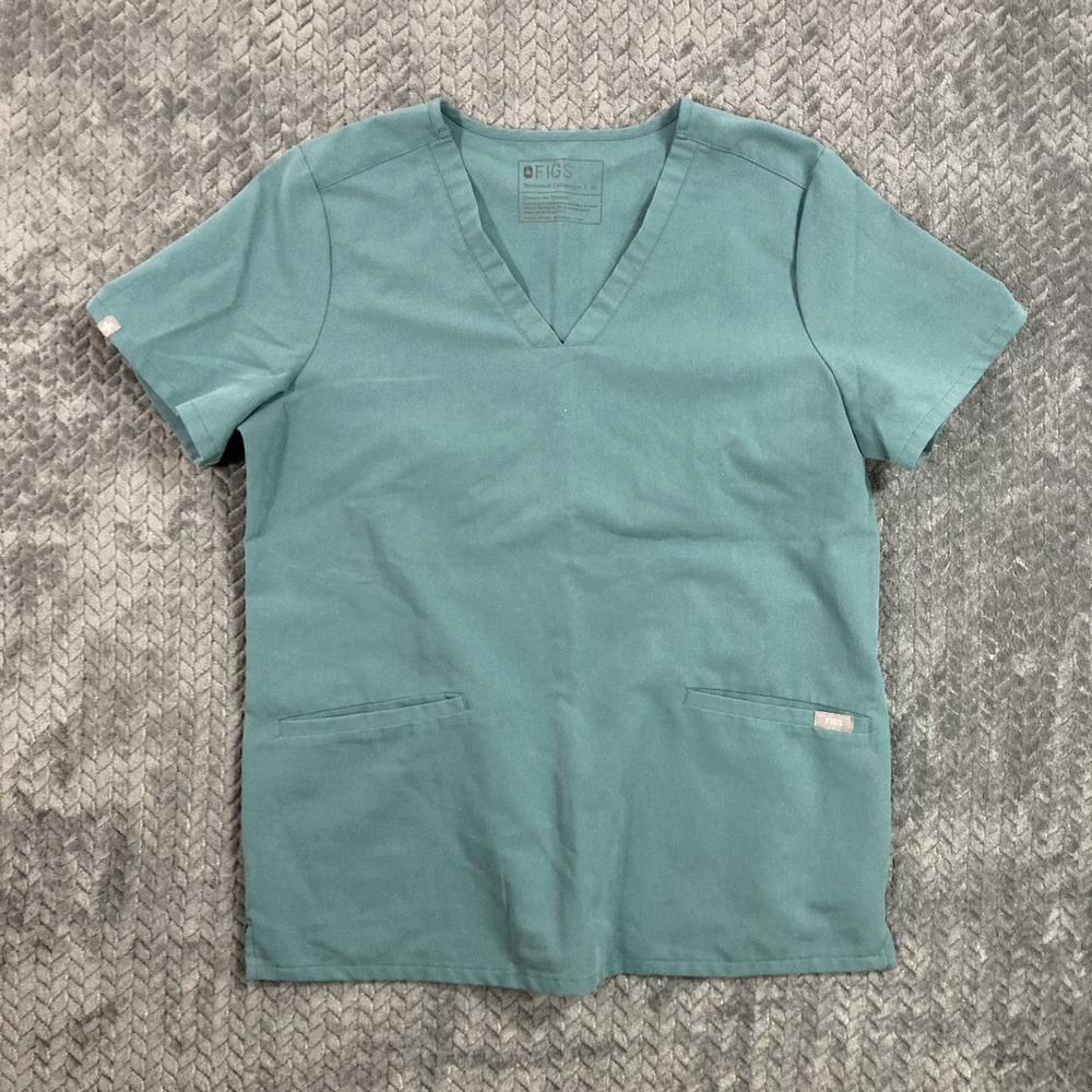 Figs Technical Collection Womens Scrub Top M Teal V-Neck Short Sleeve Uniform